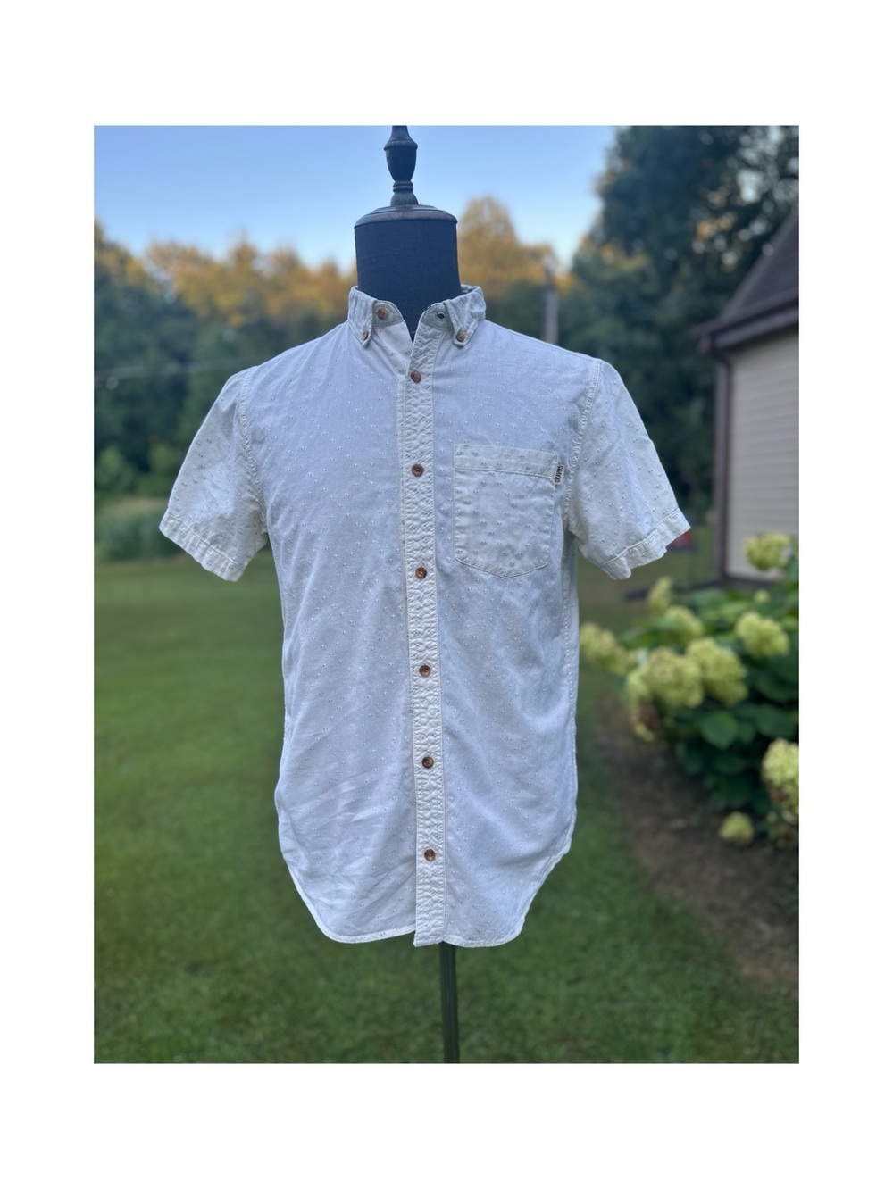 Dravus Heading Nowhere Short-Sleeve White Button-Down with Blue Geometric Shapes